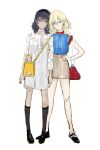  2girls alternate_costume andou_(girls_und_panzer) bag banira_(oocooocooocoo) black_eyes black_footwear black_hair blonde_hair blue_eyes choker dark_skin dark_skinned_female dress ear_piercing earrings girls_und_panzer hair_behind_ear hand_on_hip handbag highres holding_another&#039;s_arm jewelry kneehighs multiple_girls oshida_(girls_und_panzer) piercing red_bag red_nails smile white_background white_choker white_dress yellow_bag 