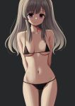  1girl bangs bare_shoulders bikini black_bikini breasts closed_mouth collarbone cowboy_shot deadnooodles eyebrows_visible_through_hair grey_background grey_hair groin highres idolmaster idolmaster_shiny_colors long_hair looking_at_viewer medium_breasts navel purple_eyes simple_background smile solo standing swimsuit yuukoku_kiriko 