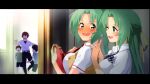  2girls 3boys ;d blurry blurry_background blush box child collared_shirt gift gift_box green_eyes green_hair gulim hair_ribbon heart-shaped_box highres higurashi_no_naku_koro_ni holding holding_box index_finger_raised long_hair multiple_boys multiple_girls one_eye_closed open_clothes open_mouth open_vest red_ribbon ribbon school_uniform shiny shiny_hair shirt smile sonozaki_mion sonozaki_shion striped striped_neckwear valentine very_long_hair vest wavy_mouth white_shirt wing_collar yellow_ribbon 