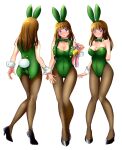  1girl absurdres animal_ears arms_behind_back bow bowtie breasts brown_eyes brown_legwear bunny_ears bunny_tail cleavage commentary_request detached_collar eyes_visible_through_hair fake_animal_ears fujish full_body green_footwear green_leotard green_neckwear green_vest high_heels highres leotard long_hair looking_at_viewer medal medium_breasts multiple_views original pantyhose playboy_bunny purple_eyes simple_background standing strapless strapless_leotard tail thigh_gap vest white_background wrist_cuffs 