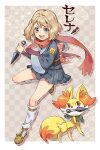  1girl :d bangs blonde_hair blue_eyes border character_name commentary_request fennekin gen_6_pokemon holding holding_weapon knees kunai open_mouth outside_border pleated_skirt pokemon pokemon_(anime) pokemon_(creature) pokemon_(game) pokemon_legends:_arceus pokemon_xy_(anime) sasairebun scarf serena_(pokemon) shoes short_hair skirt smile socks starter_pokemon teeth tongue v-shaped_eyebrows weapon white_border 