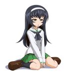  1girl atonamu between_legs black_hair eyebrows_visible_through_hair girls_und_panzer green_skirt hairband half-closed_eyes hand_between_legs legs_folded long_hair ooarai_school_uniform open_mouth reizei_mako school_uniform serafuku shirt shoes sitting_on_ground skirt sleepy socks white_background white_shirt 