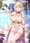  1girl arm_up bare_shoulders blonde_hair breasts cleavage collarbone dress elf fairy fountain garter_straps gold_trim groin headdress highres large_breasts long_hair mizuya_nao no_bra no_panties original pelvic_curtain pointy_ears revealing_clothes sitting solo thighhighs thighs very_long_hair wet white_dress white_legwear yellow_eyes 