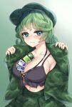  1girl 3: aqua_eyes bangs between_breasts black_tank_top blush breasts camouflage camouflage_jacket camouflage_skirt card card_between_breasts cirno cleavage closed_mouth collarbone eyebrows_visible_through_hair fingernails furrowed_eyebrows gradient gradient_background green_background green_hair green_headwear green_jacket hat jacket kerotsupii_deisuku key large_breasts long_hair looking_at_viewer midriff navel nose_blush removing_jacket simple_background skirt skirt_set solo tank_top touhou unconnected_marketeers upper_body yamashiro_takane 