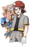  1boy black-framed_eyewear black_shirt brown_eyes brown_hair commentary_request gen_4_pokemon glasses gloves grey_jacket grey_pants hand_on_headwear hand_up helmet highres jacket korean_commentary male_focus open_clothes open_jacket open_mouth pants pokemon pokemon_(creature) pokemon_(game) pokemon_dppt rampardos rnehrdyd1212 roark_(pokemon) shirt short_sleeves smile teeth tongue white_gloves 