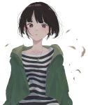  1girl bangs black_hair black_shirt blunt_bangs commentary ear_piercing green_jacket hair_strand highres jacket jewelry leaf leaves_in_wind looking_at_viewer messy_hair necklace open_mouth original piercing ru_no shirt short_hair solo striped striped_shirt upper_body white_shirt wind 
