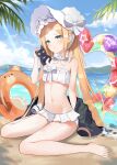  1girl abigail_williams_(fate) abigail_williams_(swimsuit_foreigner)_(fate) absurdres bangs bare_shoulders beach bikini black_cat black_jacket blonde_hair blue_eyes blue_sky bonnet bow breasts cat fate/grand_order fate_(series) forehead hair_bow highres huge_filesize innertube jacket kyo_(maae00) legs long_hair miniskirt navel parted_bangs shore sidelocks sitting skirt sky small_breasts swimsuit twintails very_long_hair wariza white_bikini white_bow white_headwear 