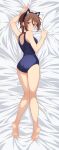  1girl animal_ear_fluff animal_ears barefoot bed_sheet black_hairband blue_swimsuit blush brown_eyes brown_hair cat_ears character_request choker embarrassed fake_animal_ears full_body gulim hairband highres higurashi_no_naku_koro_ni looking_at_viewer looking_back lying on_stomach red_choker school_swimsuit sheet_grab shiny shiny_hair short_hair shoulder_blades solo swimsuit 
