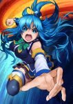  1girl absurdres angry aqua_(konosuba) bangs bare_shoulders blue_eyes blue_hair blue_shirt boots bow breasts clenched_hand commentary_request detached_sleeves gem green_bow hair_ornament hair_rings highres huge_filesize izawa_koushi kono_subarashii_sekai_ni_shukufuku_wo! large_breasts long_hair looking_at_viewer medium_breasts open_mouth outstretched_arm punching shirt skindentation skirt sleeveless solo thigh_boots thighhighs v-shaped_eyebrows white_legwear 