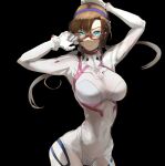  1girl armpits arms_up black_background blood blue_eyes breasts brown_hair covered_navel eva_(mgs) glowing glowing_eyes highres large_breasts makinami_mari_illustrious neon_genesis_evangelion plugsuit see-through semi-rimless_eyewear simple_background solo thin_waist twintails yana-ma 