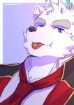  2021 absurd_res anthro blush clothing fur hi_res kemmuono knights_college male mammal necktie paul_(knights_college) polar_bear shirt solo tongue tongue_out topwear ursid ursine video_games visual_novel white_body white_fur 