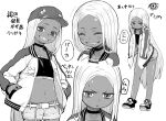  1girl :3 ^_^ belt blush blush_stickers character_sheet choker closed_eyes dark_skin dark_skinned_female flat_chest forehead greyscale grin hands_in_pockets hat jacket long_hair looking_at_viewer midriff monochrome navel nujima original sharp_teeth shorts simple_background smile sweatdrop teeth thighhighs very_long_hair white_background 