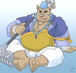  2021 anthro blue_hair bottomwear brown_body brown_fur clothing fur gouryou goyemon_k hair hi_res kemono male mammal overweight overweight_male pants sitting solo suid suina sus_(pig) tokyo_afterschool_summoners video_games wild_boar 