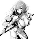  1girl azur_lane bare_shoulders breasts cleavage covered_nipples cross cross_earrings dress earrings evening_gown grey_hair greyscale halter_dress halterneck highres holding holding_spear holding_weapon hori_(hori_no_su) jewelry large_breasts long_hair mole mole_under_eye monochrome no_bra no_panties official_alternate_costume polearm saint-louis_(azur_lane) saint-louis_(brilliant_paladin)_(azur_lane) sleeveless sleeveless_dress solo spear thighhighs weapon white_background white_dress white_legwear 