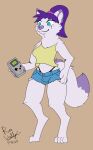  absurd_res anthro biped blue_eyes bottomwear breasts canid canine clothed clothing crop_top cutoffs daisy_dukes denim denim_clothing female fox fur fur_tuft game_boy game_boy_family hair hi_res high_waisted_panties hotpants lavender_fur mammal midriff nintendo ponytail purple_hair ren_winterfox_(artist) ren_winterfox_(character) shirt shorts simple_background smile solo standing thigh_gap topwear tuft video_games white_body white_fur 