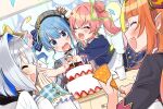  amane_kanata anemachi angel_wings bangs beret birthday birthday_cake blue_eyes blue_hair blush bow cake celebration choker colored_inner_hair confetti dragon_girl dragon_horns eyebrows_visible_through_hair food hair_between_eyes hair_ornament halo hat highres hololive horn_bow horns hoshimachi_suisei jacket jewelry kiryu_coco long_hair medium_hair multicolored_hair multiple_girls open_mouth orange_hair pink_hair pointy_ears ribbon shinomiya_shino_(sinosino141) shirt short_hair siblings side_ponytail silver_hair sisters smile star_(symbol) star_hair_ornament streaked_hair table virtual_youtuber wings 