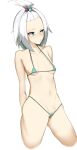  1girl alternate_costume arms_behind_back bikini breasts collarbone commentary_request female_pubic_hair green_bikini gym_leader hair_bobbles hair_ornament highres long_hair looking_to_the_side micro_bikini navel o3o pokemon pokemon_(game) pokemon_bw2 pubic_hair raised_eyebrow roxie_(pokemon) simple_background small_breasts solo swimsuit topknot white_background white_hair yuuyuu_(yuuki1771) 