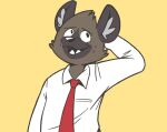  aggressive_retsuko anthro brown_body brown_fur clothing fur haida hand_behind_head heyitscousindave hyaenid male mammal necktie open_mouth oxford_shirt red_necktie sanrio shirt simple_background solo teeth_showing topwear white_clothing white_shirt white_topwear yellow_background 