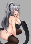  1girl absurdres animal_ears arknights bangs bare_shoulders black_bra black_legwear bottomless bra breasts cat_ears cat_tail cleavage commentary eyebrows_visible_through_hair grey_background hand_up highres lace-trimmed_bra lace-trimmed_legwear lace_trim large_breasts long_pointy_ears open_mouth pointy_ears ponytail schwarz_(arknights) simple_background sitting solo tail thighs underwear underwear_only wariza yujieai 