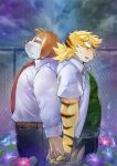  2018 anthro bottomwear brown_body brown_fur canid canine canis clothing domestic_dog duo felid fur hand_holding hi_res kemono kijimaru male male/male mammal necktie outside pantherine pants raining shirt slightly_chubby tiger topwear 