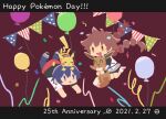  1boy 1girl :d anniversary balloon bangs bike_shorts brown_eyes brown_hair clothes_around_waist commentary_request confetti dated eevee floating_hair gen_1_pokemon gotcha! gotcha!_boy_(pokemon) gotcha!_girl_(pokemon) grey_skirt holding holding_pokemon long_hair multi-tied_hair number on_head open_mouth pants pikachu poke_ball_symbol pokemon pokemon_(creature) pokemon_on_head ribbon ritomochi shoes skirt smile sneakers 