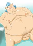  2021 anthro balls belly blue_hair blush doguma-sin genitals gouryou hair hi_res humanoid_hands kemono male mammal moobs nipples obese obese_male overweight overweight_male penis sitting small_penis solo suid suina sus_(pig) tokyo_afterschool_summoners video_games wild_boar 