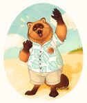  2021 animal_crossing anthro bearhybrid bottomwear brown_body brown_fur brown_nose canid canine clothing eyes_closed fur male mammal nintendo overweight overweight_male paws raccoon_dog shirt shorts solo tanuki tom_nook_(animal_crossing) topwear video_games 