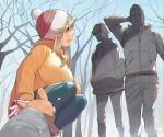  1girl 2boys :d a1 beanie blush boots coat commentary_request denim dog eyebrows_visible_through_hair fang green_eyes hat highres inuyama_aoi jeans light_brown_hair long_hair multiple_boys open_mouth orange_coat pants red_headwear skin_fang smile squatting thick_eyebrows winter_clothes yurucamp 