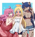  1other 2girls @_@ angel animal_nose bare_arms bikini bikini_top black_shorts blonde_hair blue_eyes blue_hair blush breasts broken_halo brown_eyes cleavage commentary_request crimvael denim denim_shorts dress elza_(ishuzoku_reviewers) furry halo hyena hyena_ears hyena_girl ishuzoku_reviewers large_breasts light_blush long_hair monster_girl multiple_girls nose_blush nude okpa pbum pink_hair scylla short_eyebrows short_shorts shorts smile snout spotted_fur standing suction_cups swimsuit tentacles torn_clothes torn_shorts wet white_dress 