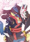  animal_mask anthro ao_gravity asian_clothing blue_body blue_fur cherry_blossom cherry_blossom_tree cherry_tree clothing east_asian_clothing fox_mask fruit_tree fur japanese_clothing katana kimono lucario mask melee_weapon nintendo plant pok&eacute;mon pok&eacute;mon_(species) solo sword tree video_games weapon 