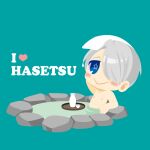  1boy :&gt; aqua_background bathing blue_eyes blush_stickers choko_(cup) cup english_text hair_over_one_eye highres kaorin_minogue male_focus onsen partially_submerged silver_hair star-shaped_pupils star_(symbol) symbol-shaped_pupils tokkuri towel towel_on_head viktor_nikiforov water yuri!!!_on_ice 