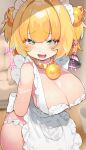  1girl apron aqua_eyes arms_behind_back bangs blonde_hair bombergirl breasts cleavage collar commentary_request eyebrows_visible_through_hair fang flower-shaped_pupils large_breasts looking_at_viewer maid_headdress naked_apron open_mouth orange_collar pine_(bombergirl) roda_(roda826) short_hair smile solo translation_request twintails twitter_username white_apron 