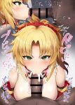  1boy 1girl :&gt;= bangs bar_censor blonde_hair blush breasts censored cum cum_in_mouth detached_collar ejaculation eyebrows_visible_through_hair fate/apocrypha fate/grand_order fate_(series) fellatio from_side green_eyes hair_ornament hair_scrunchie heart hetero highres hiiro_h large_breasts long_hair looking_at_viewer male_pubic_hair mordred_(fate) mordred_(fate)_(all) multiple_views off_shoulder oral parted_bangs penis ponytail pov pubic_hair red_scrunchie scrunchie side_ponytail solo_focus sweat tears tongue tongue_out trembling veins veiny_penis 