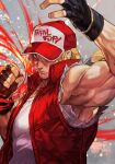  1boy baseball_cap blonde_hair blue_eyes denim fatal_fury fingerless_gloves gloves hat hungry_clicker jacket long_hair looking_at_viewer male_focus muscular ponytail simple_background smile solo terry_bogard the_king_of_fighters vest 