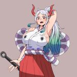  1girl ahoge arm_at_side arm_behind_head arm_up armpits bare_arms bare_shoulders blue_hair breasts club curled_horns dirty dirty_clothes fire_breath01 green_hair grey_background hair_ornament hair_stick hakama high_ponytail holding holding_weapon horns huge_breasts japanese_clothes kanabou kataginu long_hair looking_at_viewer multicolored_hair multicolored_horns one_piece oni open_mouth red_eyes red_horns rope scratches shimenawa sideboob simple_background skindentation smile solo torn_clothes very_long_hair weapon white_hair yamato_(one_piece) 