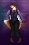 absurd_res anthro bartender bottomwear canid canine clothed clothing fox girly hair_diy hi_res looking_at_viewer lovemummification male mammal name_tag necktie pants sam_alfred shirt smile smiling_at_viewer solo suit suit_pants topwear uniform 