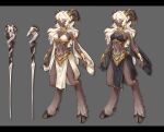  1girl absurdres animal_ears armlet blonde_hair bracelet breasts character_sheet dancer dark_skin dark_skinned_female digitigrade full_body fur goat_ears goat_girl goat_horns goat_tail gold gold_trim grey_background highres hooves horn_ornament horns jewelry letterboxed long_hair looking_at_viewer medium_breasts midriff mono-san_no_tonkatsu monster_girl navel original pelvic_curtain satyr staff tattoo yellow_eyes 