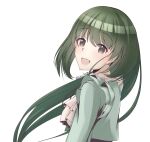  1girl :d bangs green_hair highres idolmaster idolmaster_shiny_colors kagin_(kagou_shita_nanika) long_hair long_sleeves looking_at_viewer nanakusa_nichika open_mouth simple_background smile standing upper_body white_background 