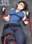  1boy 1girl blue_eyes breasts brown_hair gloves highres ignition_crisis jill_valentine looking_at_viewer nemesis pants resident_evil resident_evil_3 simple_background solo_focus tentacles 
