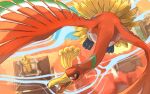  building commentary_request ecruteak_city flying from_above gen_2_pokemon ho-oh legendary_pokemon looking_at_viewer no_humans open_mouth orange_eyes pokemon pokemon_(creature) solo tongue wind yu_ikedon 