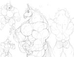  5_fingers anthro bag big_bulge big_muscles big_pecs bodily_fluids bottomwear bulge canid canine clothed clothing equid equine fingers fist flexing front_view group holding_object horse huge_bulge huge_muscles huge_pecs hyper hyper_muscles male mammal monochrome muscular nipples pants pecs rear_view side_view sketch stagor55 standing sweat underwear underwear_only 