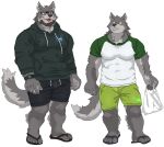  anthro band-aid bandage beard canid canine canis chan_kiti_chan_(artist) clock clothed clothing duo eyewear facial_hair father father_and_child father_and_son glasses hi_res hoodie male mammal muscular open_mouth parent parent_and_child scar simple_background smile son topwear watch wolf wristwatch 