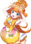 1girl :d absurdres arms_up blue_eyes bubble_skirt choker cure_papaya fingerless_gloves gloves hair_bobbles hair_ornament highres hinakano_h ichinose_minori long_hair looking_at_viewer magical_girl open_mouth orange_hair precure simple_background skirt smile solo tropical-rouge!_precure white_background yellow_choker yellow_gloves 