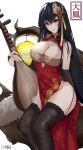  1girl absurdres artist_name azur_lane black_gloves black_hair black_legwear breasts china_dress chinese_clothes cleavage closed_mouth dress elbow_gloves eyebrows_visible_through_hair fishnet_legwear fishnets gloves guitar hair_ornament hair_ribbon harris_hero highres instrument lamp large_breasts long_hair looking_at_viewer red_dress red_eyes ribbon smile solo taihou_(azur_lane) taihou_(phoenix&#039;s_spring_song)_(azur_lane) thighhighs thighs white_background yellow_ribbon 