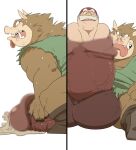  2021 anthro balls big_penis brown_body brown_fur clothing cock_vore dragon_quest duo erection eto1212 fur genitals huge_penis human hyper hyper_genitalia hyper_penis kemono male mammal orc_(dragon_quest) overweight overweight_male penile penis rab_(dragon_quest) shirt sitting square_enix suid suina sus_(pig) topwear video_games vore wild_boar 