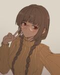  1girl bangs blush braid brown_hair eyebrows_visible_through_hair glasses highres jimiko looking_at_viewer original polki red_eyes ribbed_sweater round_eyewear selfie simple_background smile solo sweater turtleneck turtleneck_sweater twin_braids v white_background yellow_sweater 