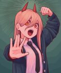  1girl breasts chainsaw_man chuo8008 clenched_hand face foreshortening hair_between_eyes hands highres horns long_hair looking_at_viewer necktie open_mouth orange_eyes pink_hair power_(chainsaw_man) sharp_teeth solo symbol-shaped_pupils teeth tongue 