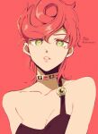  1girl absurdres bangs bare_shoulders black_dress collarbone dress eyebrows_visible_through_hair face green_eyes hair_between_eyes highres jojo_no_kimyou_na_bouken lips looking_at_viewer parted_lips pink_lips red_background red_hair signature single_strap sofra solo stardust_crusaders trish_una twitter_username upper_body 