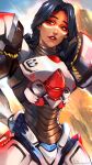  1girl black_hair braid brown_eyes dark_skin dark_skinned_female english_commentary facepaint hand_on_hip highres lina_rojas lips long_hair native_american nose official_alternate_costume overwatch pharah_(overwatch) power_armor red_lips solo thunderbird_pharah twin_braids 