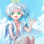 1girl ahoge angel bangs blue_sky blue_theme breasts center_opening child choker cloud collarbone colored_eyelashes commentary_request condensation_trail day dress feathered_wings green_eyes halo hand_up happy highres jpeg_artifacts kaede_(shijie_heping) knees_up looking_at_viewer open_mouth original outdoors short_hair short_sleeves sidelocks sitting sky small_breasts smile solo teeth white_choker white_dress white_hair white_wings wide_sleeves wings 